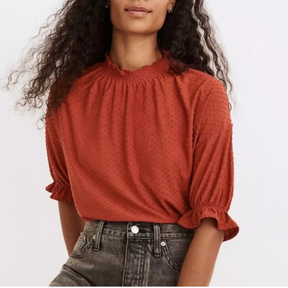 Madewell Texture & Thread Boho Dark Red Clip Dot Ruffle Sleeve Top Size Small